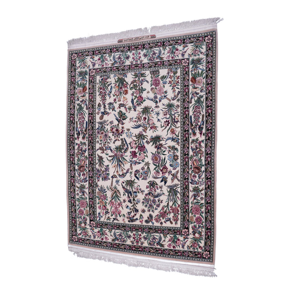 Persian Garden Floral Carpet – Hand-knotted Ivory Birds & Flowers Rug – 1.7 × 1.0 m (1.70 m²)
